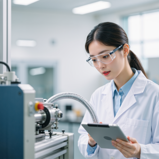 Product reviewer profile photo, young professional woman with smartphone, wearing casual attire, standing in tech testing environment