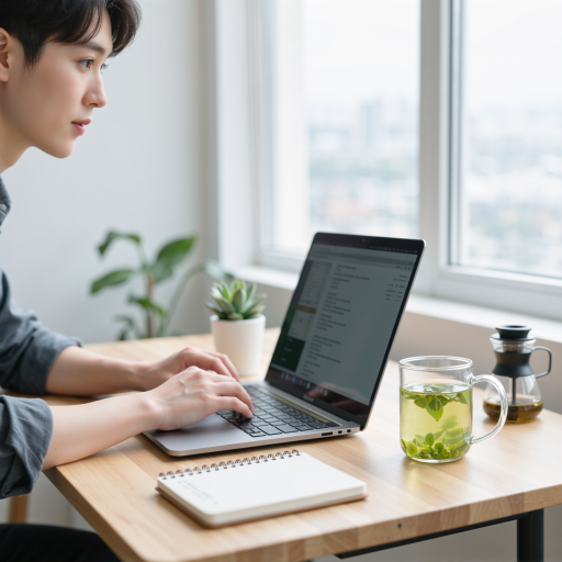 Senior tech writer profile photo, young professional man with laptop, wearing casual business attire, sitting at desk in modern workspace